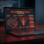 Laptop displaying a local market dominance dashboard with lead generation funnel, regional search visibility data, and business growth analytics.