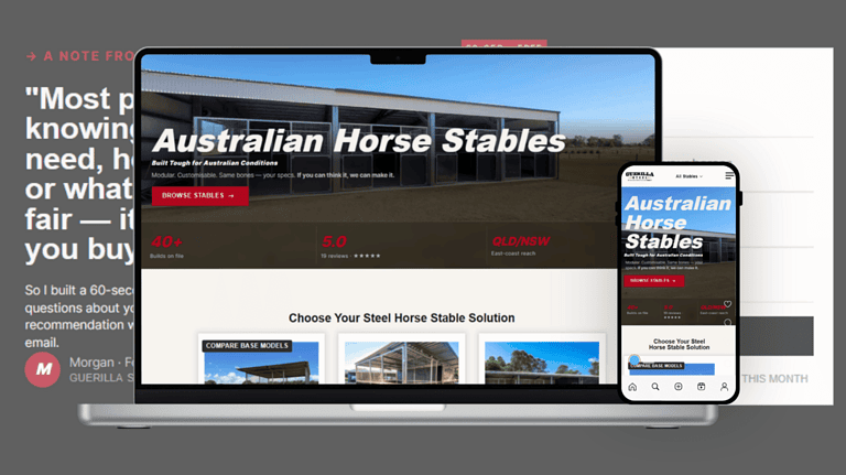 Guerilla Steel website design displayed on screen, showcasing a bold industrial steel fabrication business homepage