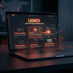 Laptop showing a website launch dashboard with conversion metrics, project milestones, and digital growth performance indicators.
