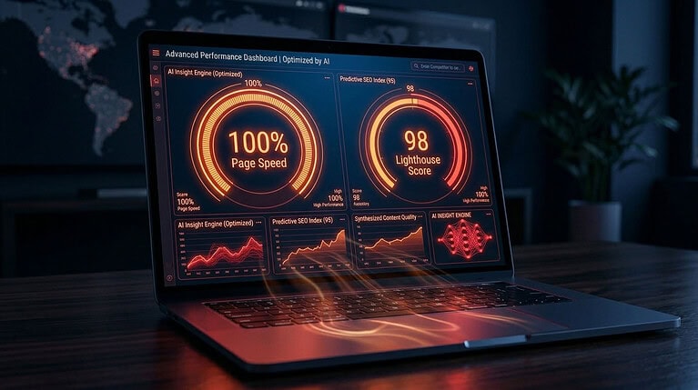 Advanced Performance Dashboard displayed on laptop screen showing AI Insight Engine at 100% Page Speed, Predictive SEO Index score of 98 Lighthouse, and trend charts for content quality and engine performance metrics