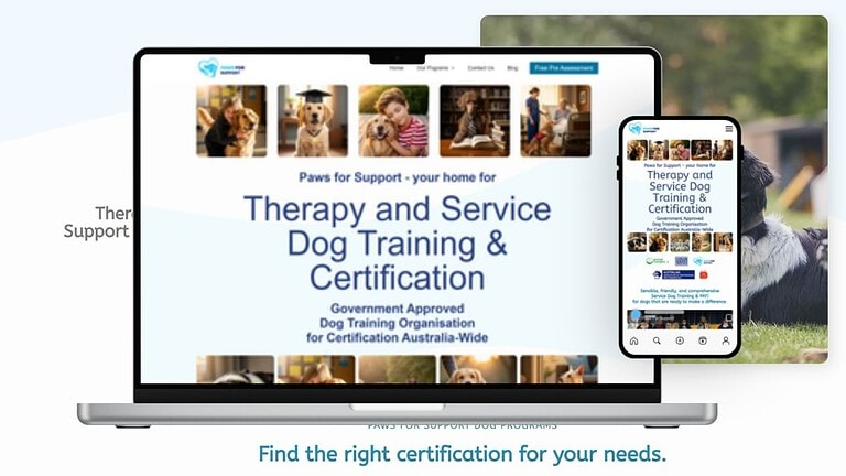 Paws for Support website design displayed on a desktop screen, showing a pet care service homepage layout