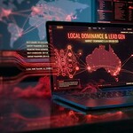 Laptop displaying a local search visibility dashboard with Australian market mapping, lead generation analytics, and geographic search performance data.
