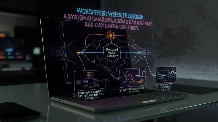 WordPress website design diagram showing three key components: structured schema and content architecture for Google and AI, conversion navigation for enquiries, and WebhookMOP integrations for AI tools, all connected through structured topical authority at the centre